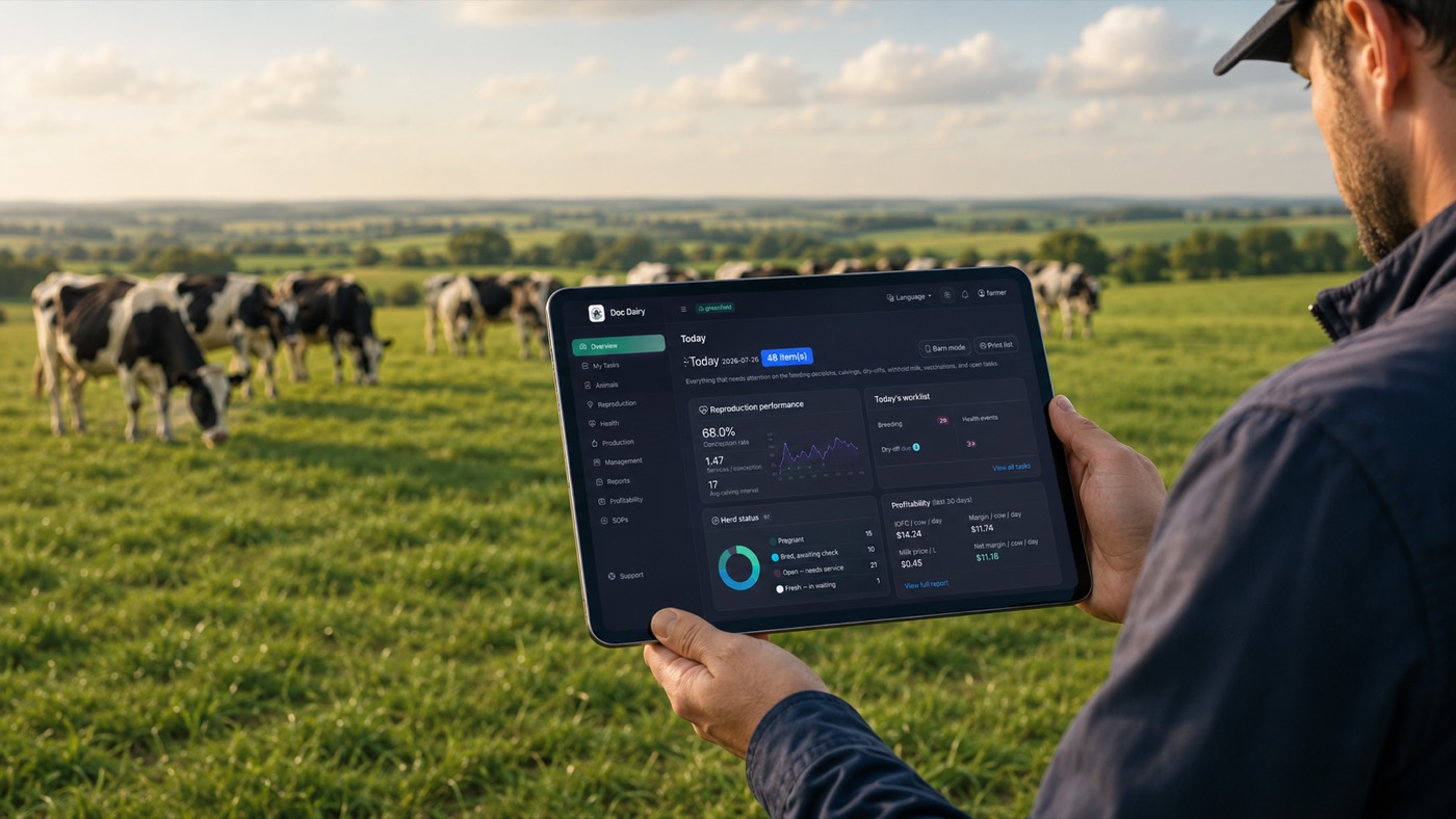 A farmer checking DocDairy on a tablet in front of a grazing dairy herd